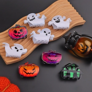 Halloween ghost and pumpkin hair claw clips set with acrylic finish on wood tray