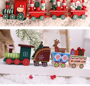 Macro detail of multicolored wooden Christmas train decoration with festive characters