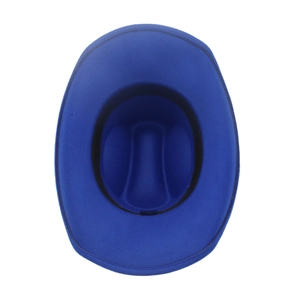 Top view of royal blue wool cowboy hat showing inner crown and black sweatband detail