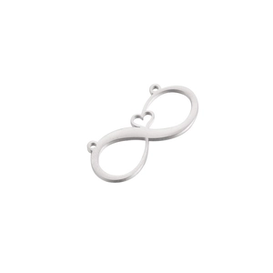 Polished silver infinity heart pendant in stainless steel with three connector holes