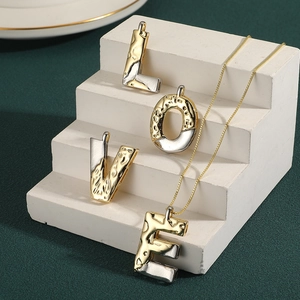 Initial Letter Pendant Necklace Two-Tone Gold Silver Plated Copper Lava Texture Jewelry For Women Fashion Commuting