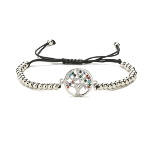 Bracelet à perles argentées avec charme Arbre de Vie coloré et cordon réglable