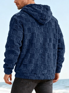 Detail of navy blue fleece hoodie showing high-quality plush fabric texture from the back