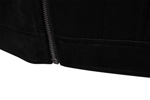 Detailed macro view of the black suede jacket hem with high-quality metal zipper