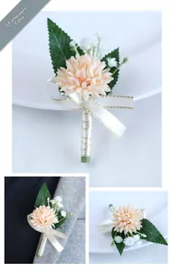 Detail of champagne artificial dahlia boutonniere with silk ribbon for wedding suits