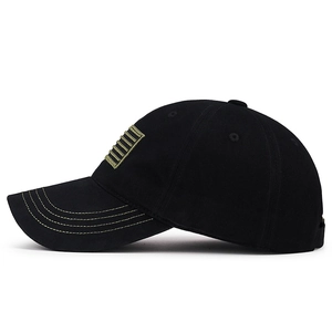 Classic black cotton baseball cap with olive green stitching and military embroidery