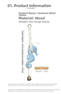 Detail of wooden seahorse wind chime with rope and golden bell, showing dimensions