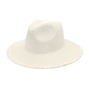 White woven straw fedora hat with stylish frayed edges for summer sun protection