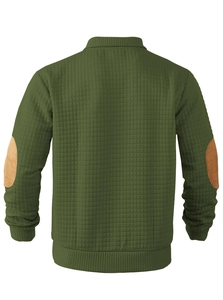 Rear view of olive green quilted jacket featuring brown faux suede elbow patches
