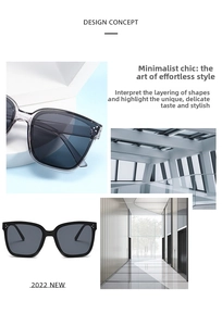 Detail of square-frame sunglasses showing transparent gray and classic black frames