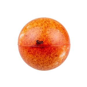 Detailed close-up of a foam Sun stress ball toy with realistic orange fire textures