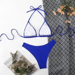 Λήψη flat lay από μπλε μπικίνι σετ με αφαιρούμενα μαξιλαράκια σε καλοκαιρινό φόντο