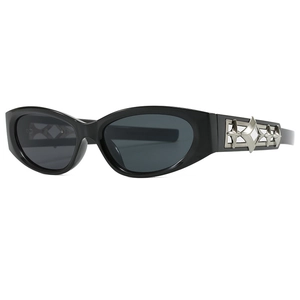 Y2K oval sunglasses with black frame and silver metallic star detail on temple