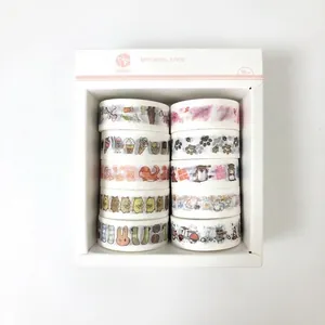 Close-up of 10-roll washi tape set featuring cute cartoon cats and floral patterns