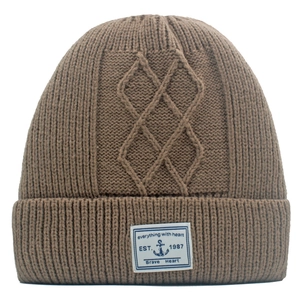 Warme bruine winter gebreide muts met kabelpatroon en fleecevoering voor heren dames