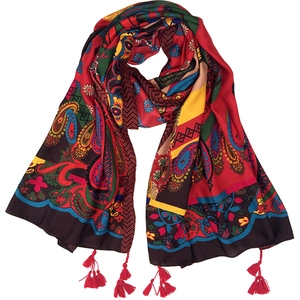 Vibrant red paisley floral shawl with red tassels for beach sun protection and style
