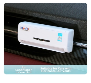 Close-up of a white mini air conditioner car aromatherapy clip on dashboard vent