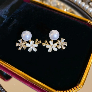 Flower Artificial Pearl Stud Earrings Alloy Rhinestone Cat Eye Stone With Silver Earring Post Sweet Two Way Wear Women