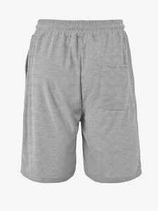 Close-up of gray textured fabric shorts featuring a back pocket and elastic waistband
