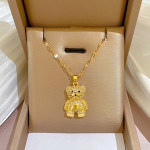 Collier Pendentif Ours Acier Titane Zircon Incrusté Plaqué Or Chaîne Clavicule Bijoux Dessin Animé Pour Femmes