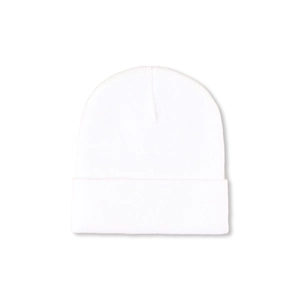 Close-up of white ribbed knit beanie cap featuring soft texture and folded brim detail