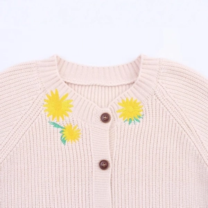 Chic knit cardigan with daisy embroidery and brown wooden buttons in soft light pink