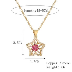 Detailed view of zircon flower star pendant with dimensions 2.5x1.5cm and chain specs