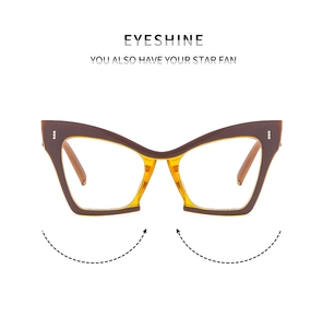 Detail of stylish cat-eye frames featuring brown and orange bicolor design with rivets