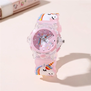 Close-up of pink luminous children watch with 3D cartoon unicorn silicone strap