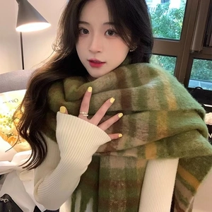 Thick rainbow plaid scarf in green and yellow mohair with decorative fringe detail