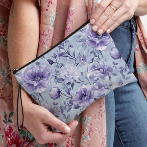 Trousse à maquillage tulipe avec motif pivoine violette et toile bleue portable