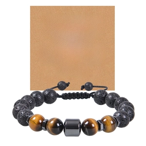 Detailed view of 10mm lava stone and tiger eye bead bracelet with gift greeting card