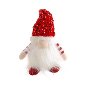 Light-up Christmas gnome plush ornament with red sequins and white beard on white background