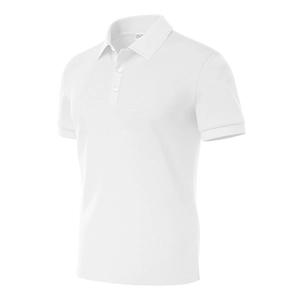 Detailed 3D view of a white short-sleeve polo shirt showing the collar and piqué fabric