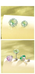 Detailed macro view of multi-colored zircon stud earrings with secure screw back closure