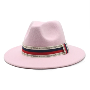 Close-up of pink wool fedora hat with tricolor striped band and Greek key pattern