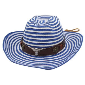 Chapeau de cow-boy en paille à rayures bleues et blanches avec décor tête de taureau