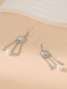 Silver alloy earrings featuring pearl fish tail pendants and delicate chain tassels