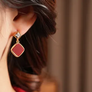 Elegant 18k gold plated geometric earrings with red square drop and zircon stone