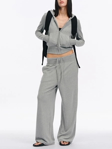 Women's grey zip-up cropped hoodie and drawstring wide-leg sweatpants set
