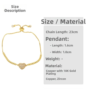 Detail view of 18K gold plated heart pendant bracelet with sparkling zircon stones