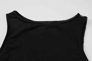 Close-up of neckline stitching on a black sleeveless lace patchwork long dress