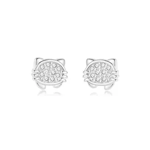 925 Sterling Silver Cute Cat Head Stud Earrings For Women Girls Tiny Animal Zirconia Inlaid Sweet Minimalist Jewelry Gift