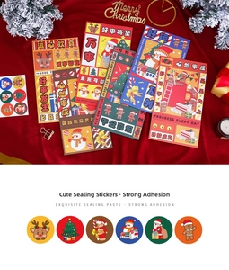 Detailed view of assorted Christmas sticker designs featuring Santa and reindeer motifs