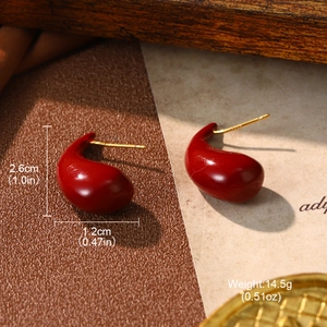 Detailed size view of vintage red teardrop earrings with gold posts and dimensions
