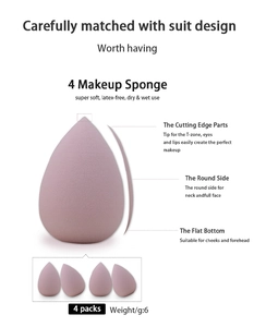 Detail diagram of 4 pink makeup sponges showing functional edges and soft latex-free texture