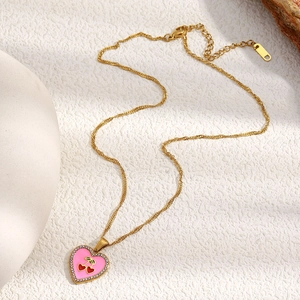 18K gold plated heart necklace with pink enamel cherry pendant and sparkling crystals