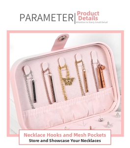 Detail of pink PU leather jewelry box featuring five necklace hooks and a storage pocket