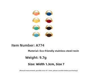 Matrix showing 8 colorful resin and 18K gold plated stainless steel candy rings in size 7