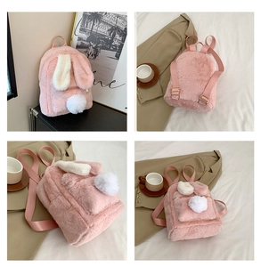 Detail shots of pink plush rabbit backpack showing front, back, and side views
